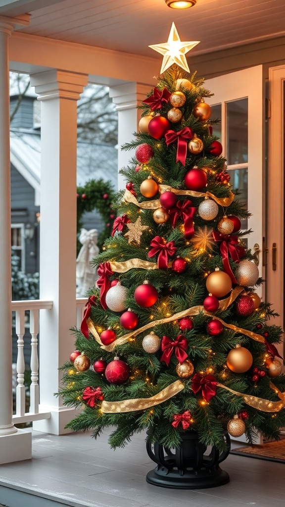 Decorating a Christmas Tree for Your Front Porch A festive Christmas tree on a front porch, decorated with lights and ornaments, with a wreath on the door.